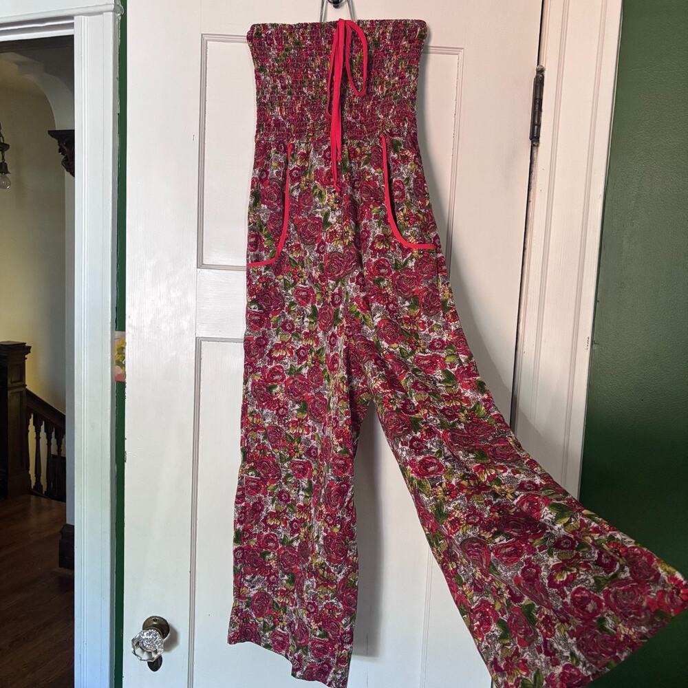 Band of Gypsies Floral Smocked Strapless Jumpsuit XS Wide Leg Boho Hippie
